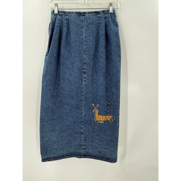 VINTAGE Denim Wrap Skirt Hand Painted by Nina Renee Constellations Stylized Deer - Picture 8 of 11